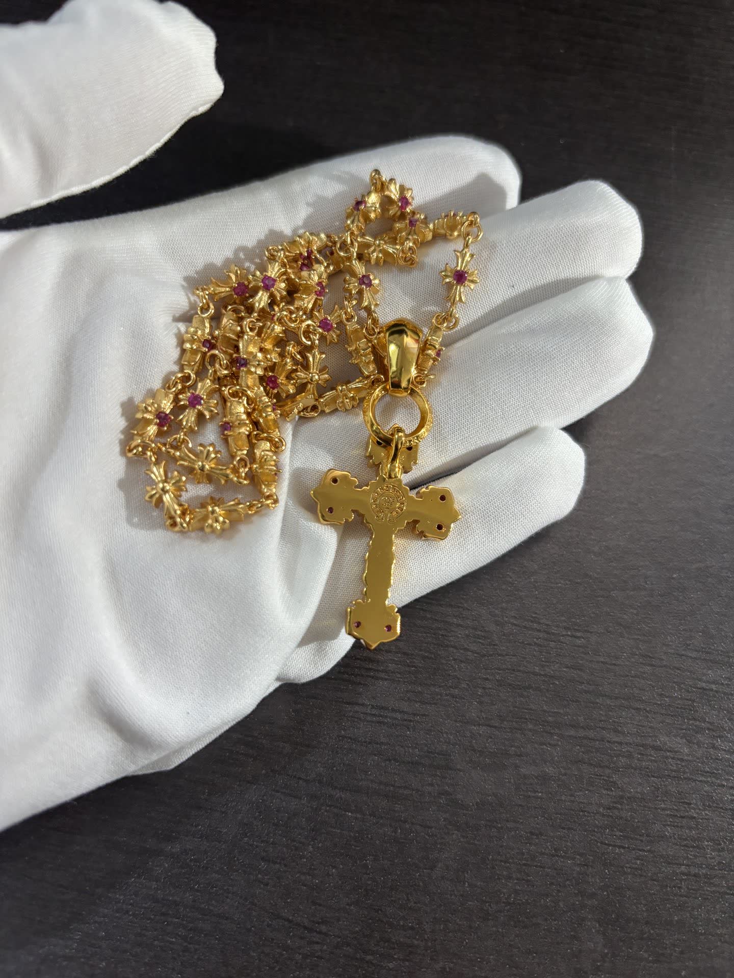 Chrome Hearts Gold Tone Emerald Cross Pendant Necklace